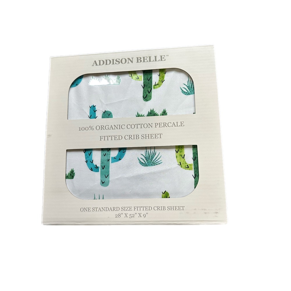 Addison Belle Organic‎ Cotton Percale Fitted Crib Sheet Cactus Print White Green